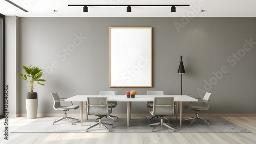 Modern office interior with large blank framed poster on grey wall
