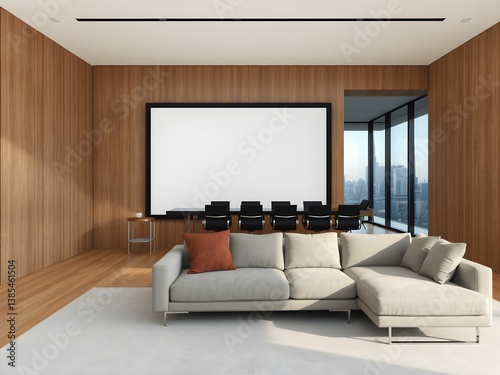 Modern Japandi style office with huge blank framed poster on wooden wall