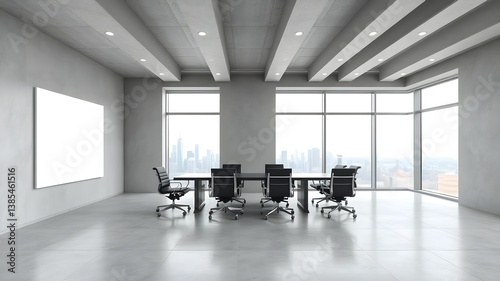 Modern corporate office with large blank framed poster on grey wall