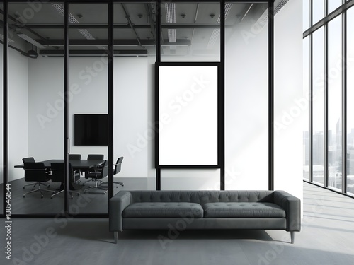 Tech-Industrial Minimalist office with blank poster on modern glass wall. 3D Rendering