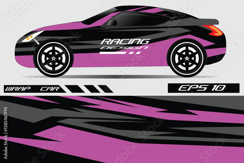 Sleek racing car design featuring bold black and pink graphics on a side view with dynamic lines