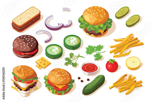 Healthy sandwiches collection isolated on white background. Vector illustration. Set of fresh panini with meat, chease and vegetables from different bread types.