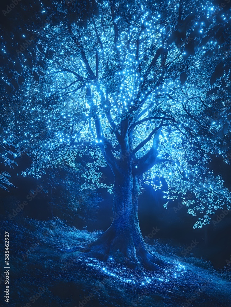 Captivating Enchanted Forest: Blue Tree with Glowing Lights and Vibrant Colors in a Magical Night Scene Captivating Enchanted Forest: Blue Tree with Glowing Lights and Vibrant Colors in a Magical Night Scene