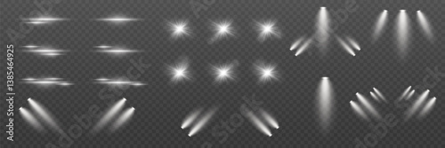 Set of realistic light flashes and light source. Spotlight and lines light.