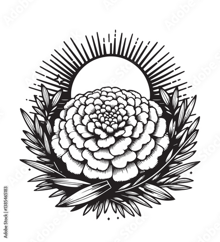 Coloring book marigold flower in full bloom, framed by stylized leaves and emanating sunburst rays from behind