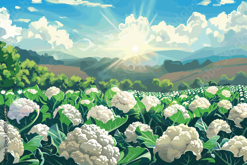 Cauliflower growing field close view
