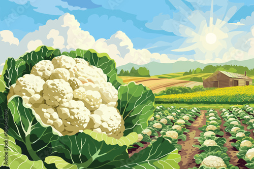Cauliflower growing field close view
