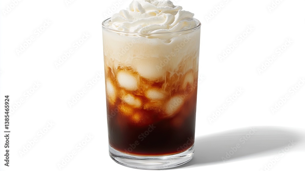 Fluffy whipped cream swirled on top of iced coffee in glass cup Fluffy whipped cream swirled on top of iced coffee in glass cup