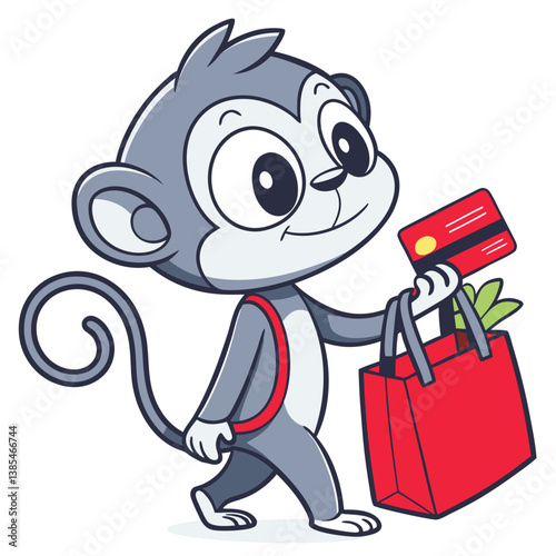 cute monkey shopping with hold totebag and credit card in white background