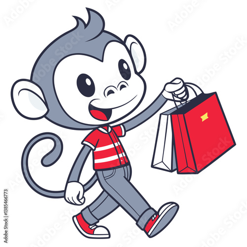 cute monkey shopping with hold totebag and credit card in white background