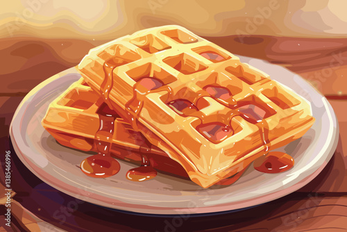 Waffle with strawberry and cherry decorated with caramel vector illustration manually created