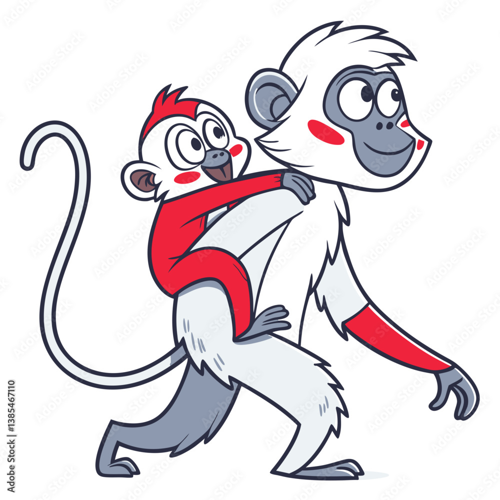 Fototapeta premium cute mom monkey and baby monkey walking in white background