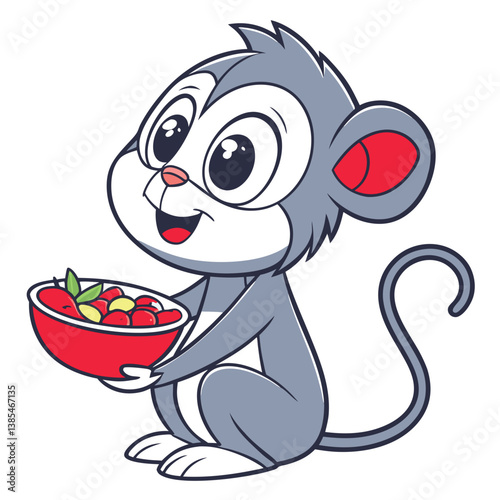 cute monkey eating food in bowl with white background