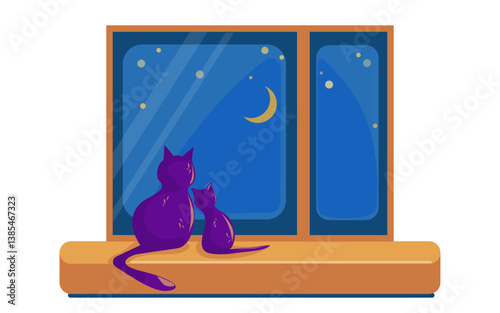 Kitties are looking out the window at moon and stars. Mother cat and kitten sitting on windowsill on cozy evening. View of night sky through glass of room. Day of family and silence. Vector drawing