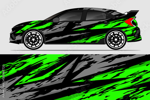 Vibrant green and black car wrap design showcasing a sporty vehicle with dynamic patterns