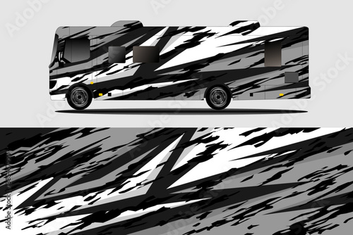 Sleek modern RV design featuring dynamic black and white abstract patterns, showcasing unique aesthetics