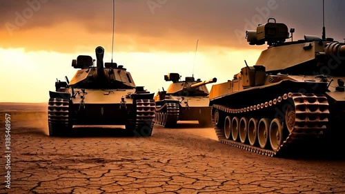 Three military tanks moving across cracked desert ground at sunset under dramatic sky

