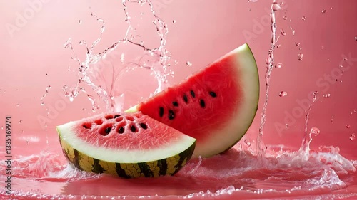 Watermelon juice splashing in a glass with watermelons on a wooden table