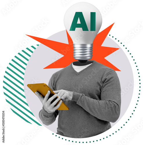 Obraz na plátně Man with light bulb as head labeled AI using digital tablet, collage style, isolated on white background