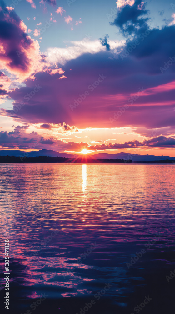 Fototapeta premium Serene Sunset Over Lake: The sun dips below the horizon, casting a warm golden light over a tranquil lake, with clouds painted in hues of pink, purple, and orange.