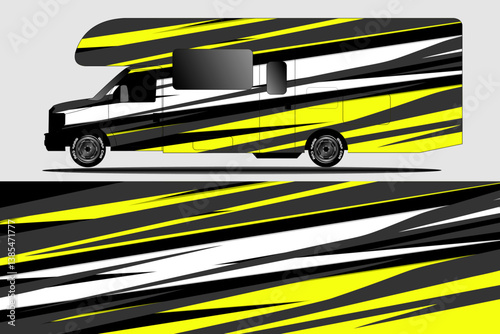 Vibrant RV Design with Striking Yellow, Black, and White Stripes on a Travel Vehicle
