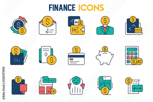 Financial Icons Set Featuring Business, Investment, and Banking Symbols in Vector Format