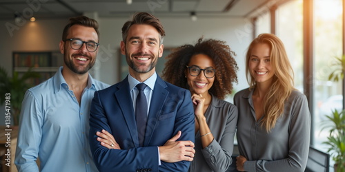 Young group people. Bright modern office, real estate team manager, latin person career goal. Man formal suit, casual male job Smiling woman curly, indoor ceo room. Happy banker boss. Staff unity work
