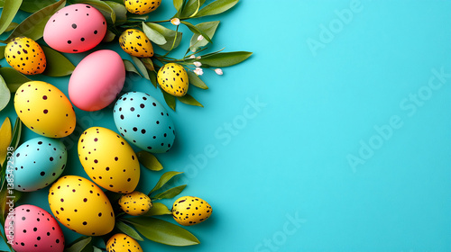 Colorful Easter Eggs and Greenery Arranged on Vibrant Blue Background for holiday and seasonal-themed designs.