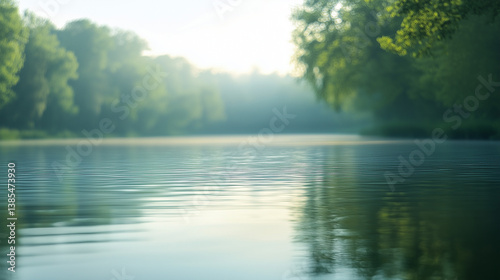 Tranquil river reflecting soft sunlight, a serene natural moment. Minimalism in nature's simplicity and calm.