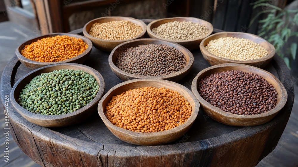 Assorted Dried Grains in Wooden Bowls Assorted Dried Grains in Wooden Bowls