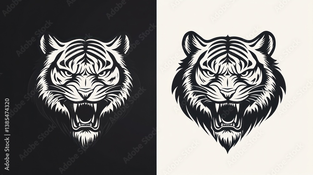 Obraz premium Tiger head graphic design, monochrome style, two variations. Possible use logo, poster, apparel design