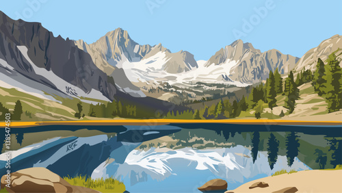 Sierra Nevada California Nevada with Crystal-Clear Lakes in Vector Art
