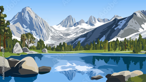 Sierra Nevada California Nevada with Scenic Alpine Lakes in Digital Drawing