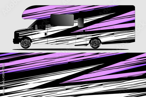 A stylized RV with dynamic purple and black stripes parked against a neutral background