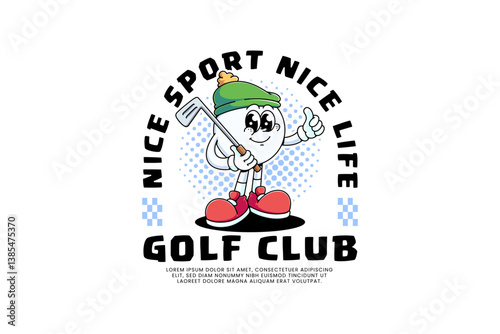 golf ball retro cartoon character mascot illustration with standing pose, holding stick, wearing hat and showing thumbs up for golf golfer golfing sport club mascots and merchandise