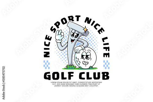 golf pin and ball retro cartoon character mascot illustration with standing and leaning on each other and showing ok hand for golf golfer golfing sport club mascots and merchandise