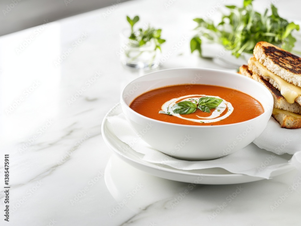 A warm bowl of tomato soup with grilled cheese sandwiches on the side. Featuring comfort and nostalgia A warm bowl of tomato soup with grilled cheese sandwiches on the side. Featuring comfort and nostalgia