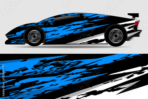Sleek racing car design with dynamic blue and black graphics on a gray background, showcasing speed