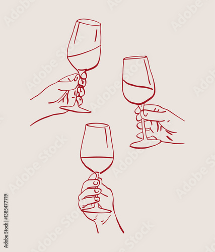 Hands with glasses, festive illustration in doodle style.