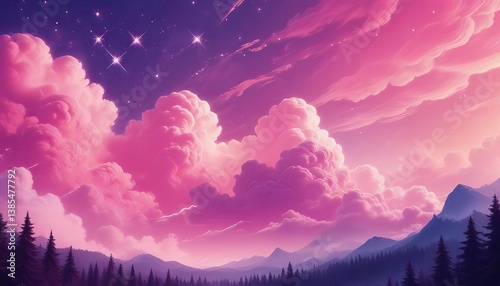 Dreamscape Sky: A breathtaking illustration of an ethereal, vibrant dreamscape sky, painted in shades of pink and purple with fluffy clouds.