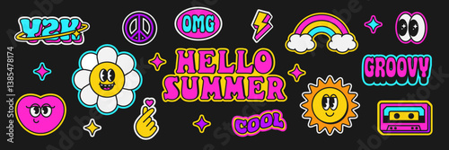 Colorful trendy sticker pack. Cartoon stickers in funky hipster groovy grunge 90s style. Y2k Patches Collage.