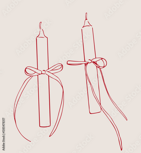 Candles with  bows. Vector image on a gray background for postcards, weddings, romantic evening.