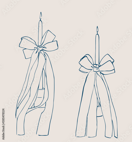 Candles with big bows. Vector image on a gray background for postcards, weddings, romantic evening.