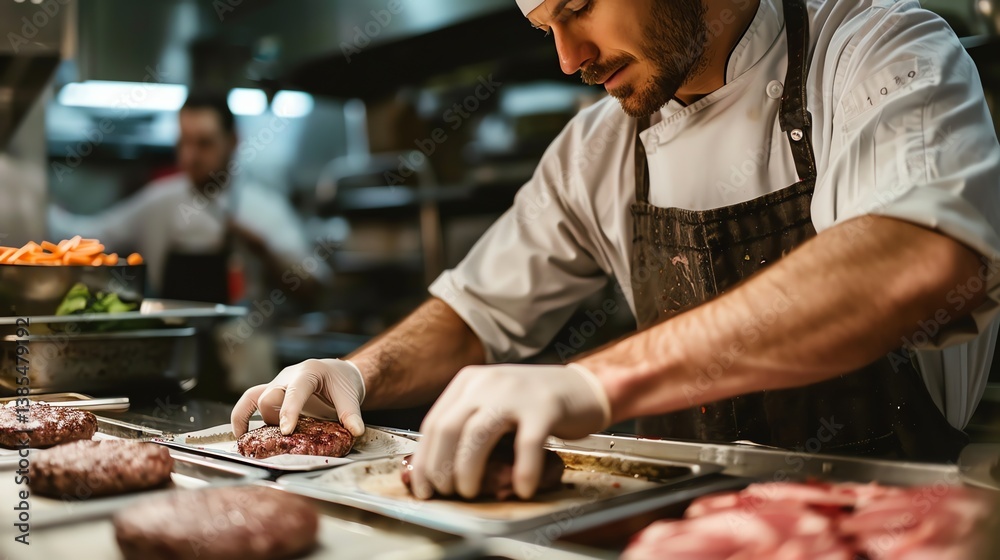 Fototapeta premium A chef in a white uniform and gloves is carefully preparing a steak in a commercial kitchen.