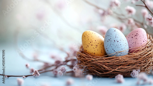 Colorful Easter Eggs Nestled in a Natural Nest with Blossom Flowers of the festive season.