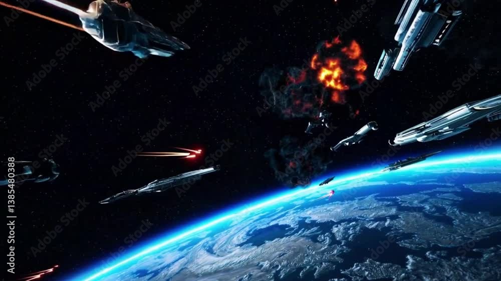 Epic space battle between two massive fleets above a planet