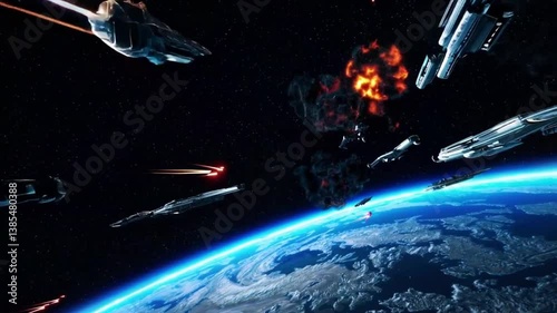 Epic space battle between two massive fleets above a planet