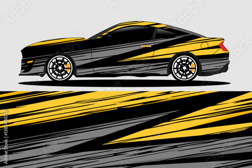 Sporty car illustration with dynamic yellow and black stripes on a gray background, showcasing motion