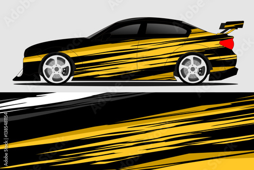 Sleek black and yellow sports car with dynamic racing stripes, set against a minimalist background