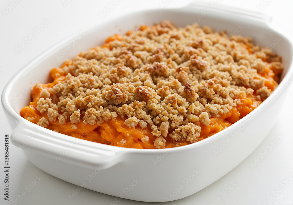 Baked Sweet Potato Casserole with Crumble Topping in White Dish Baked Sweet Potato Casserole with Crumble Topping in White Dish